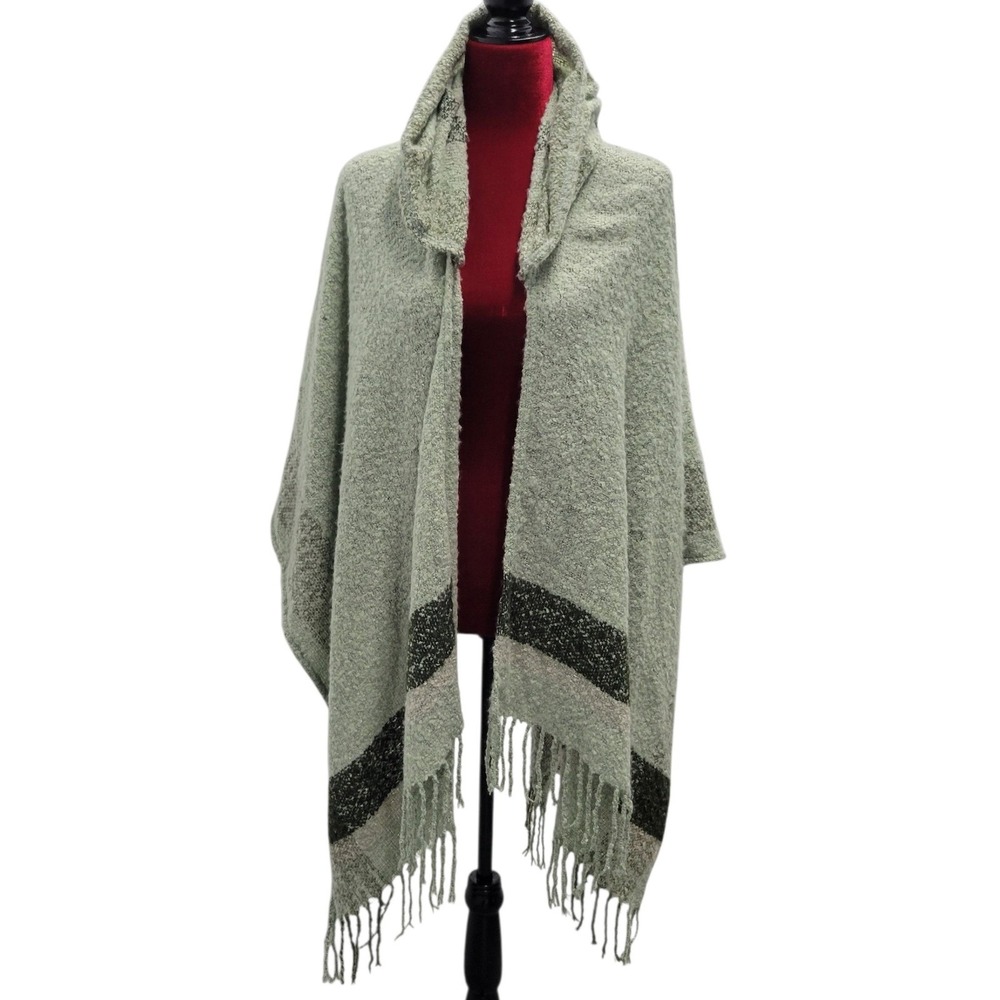 Simply Noelle Hooded Poncho Cape Fringe Open Front Layer One Sz Sage Green G362